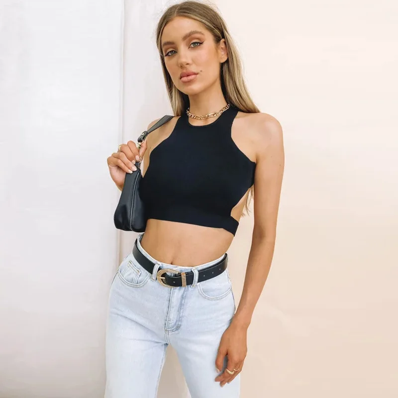 Verano de 2021 la tapa del tanque camiseta mujeres liso sin espalda delgada sin mangas Slim Sexy camiseta mujer, negro, blanco