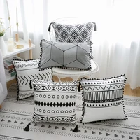 bohemian style cushion cover geometric white black lines tassels cushion cover decorative pillow case home decor 4545cm
