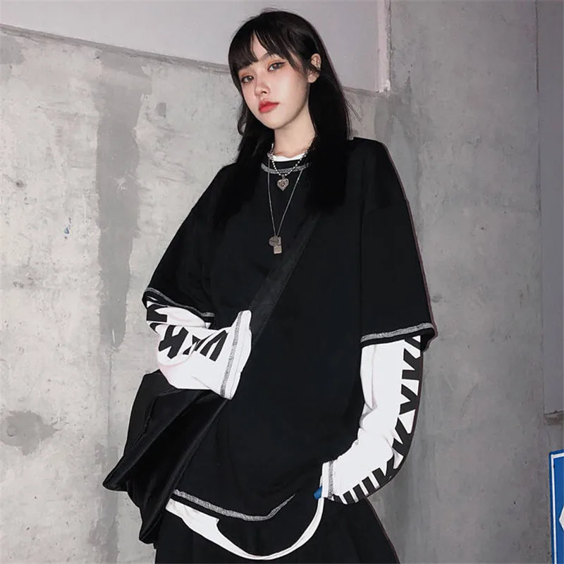 Осенняя футболка в стиле пэчворк Япония Харадзюку черные футболки хип хоп