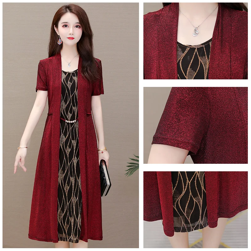 

Ladies short-sleeved dress fashionable middle-aged mother clothes summer Korean slim red black fake two pieces