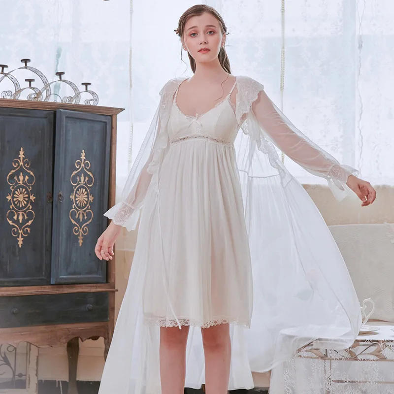 Женский халат для медового месяца белый Хлопковый кружевной наряд принцессы