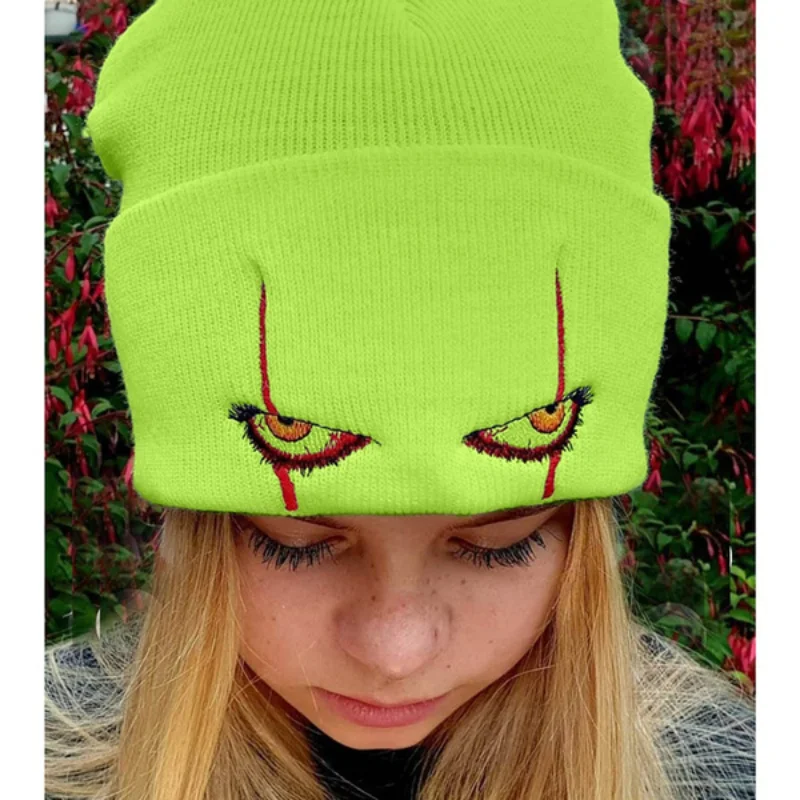 

Unisex Knitted Hat Winter Warm Beanie Clown Pennywise Scary Eyes Men Embroidery Hedging Wool Knit Hat Women Cycling Skiing Cap