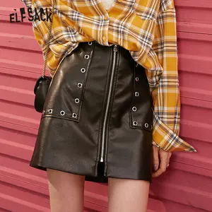 Женская кожаная юбка ELFSACK, черная однотонная трапециевидная Повседневная мини-юбка с высокой талией и заклепками в стиле панк, весна 2020