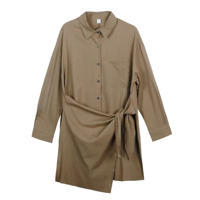 

Асимметричное Хлопковое платье-рубашка с длинным рукавом и завязкой спереди