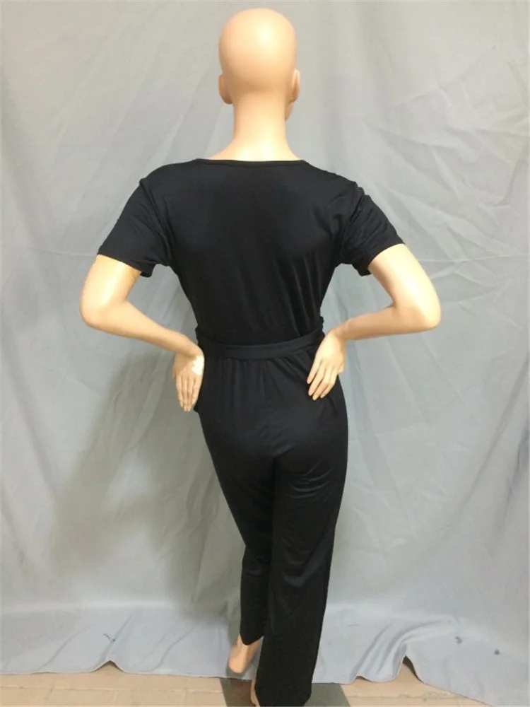 

Plus Size Women 3XL Sexy V-neck Short Sleeve Sashes Jumpsuit 2020 Summer New Solid Casual Slim Stretchy Overalls Female Big Size