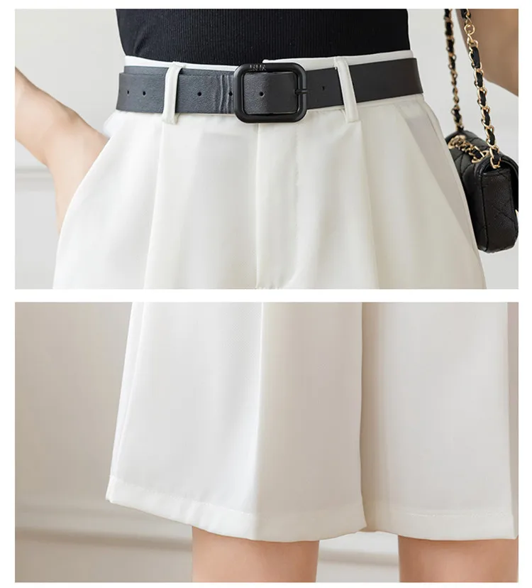 

Fashion Summer Thin Knee Length Blazer Shorts Wide Leg Loose Straight Shorts Women Belt High Waist OL Office Trousers Pantalones