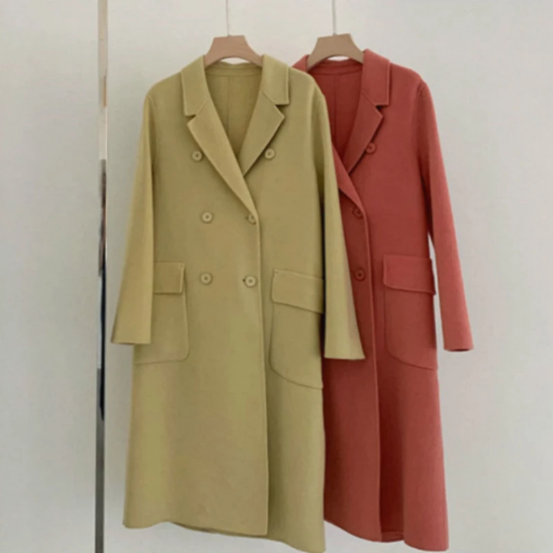 

Winter 2020 Korean Handmade High End Long Double Sided Cashmere Overcoat Women's Suit Collar Double Breasted Loose Wool Coat