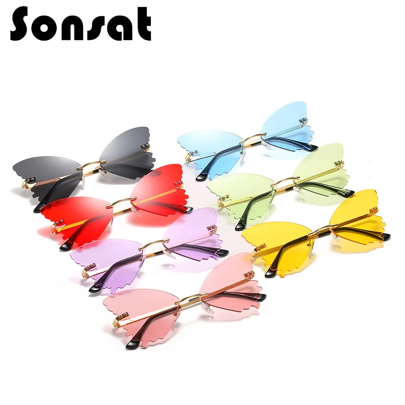 

Очки солнцезащитные женские без оправы, трендовые винтажные брендовые дизайнерские Роскошные солнечные очки в стиле бабочки, ослепительны...