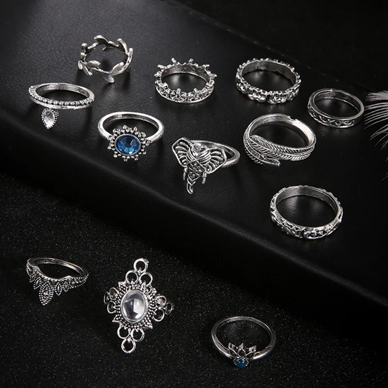 Бохо стиль резной слон лист перо Кристалл Камень Серебряное соединение Кольцо