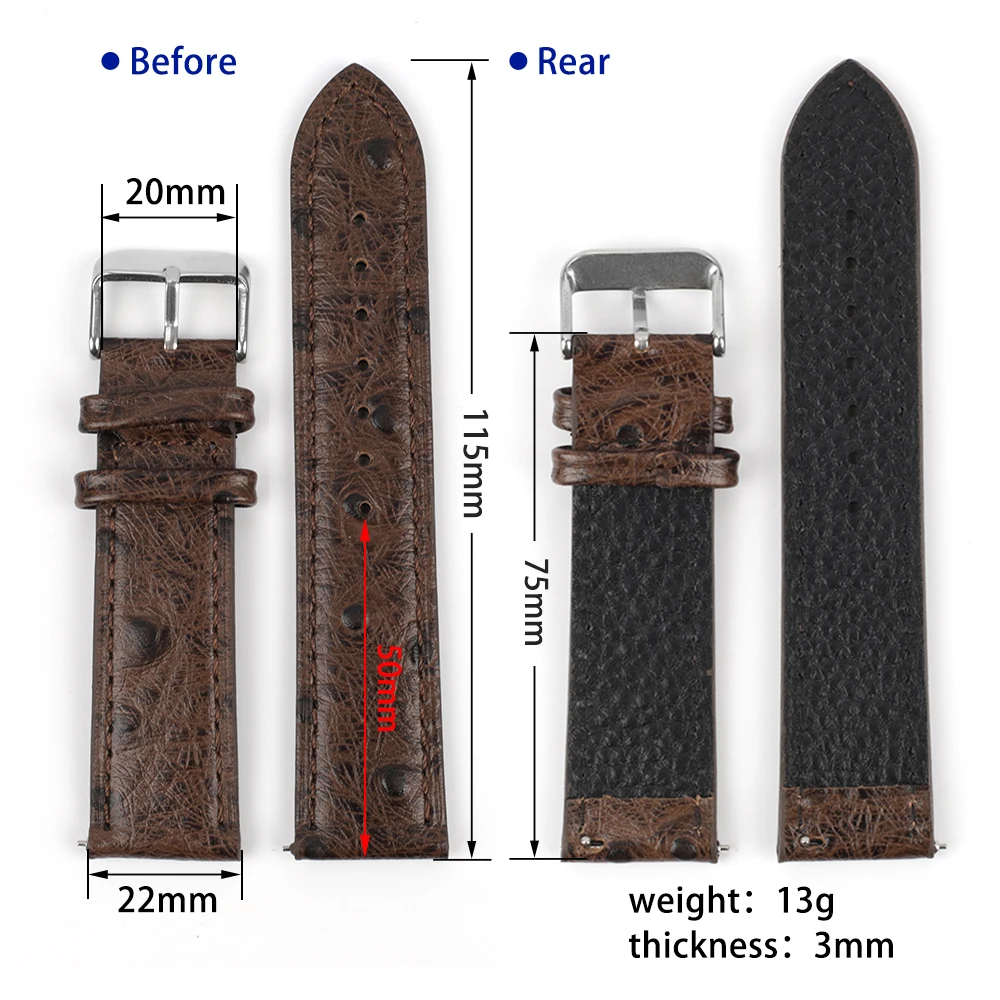 New Genuine Leather Retro Ostrich Pattern Watchbands18mm 20mm 22mm 24mm Black Coffee Brown Yellow Matte Leather Watch Strap