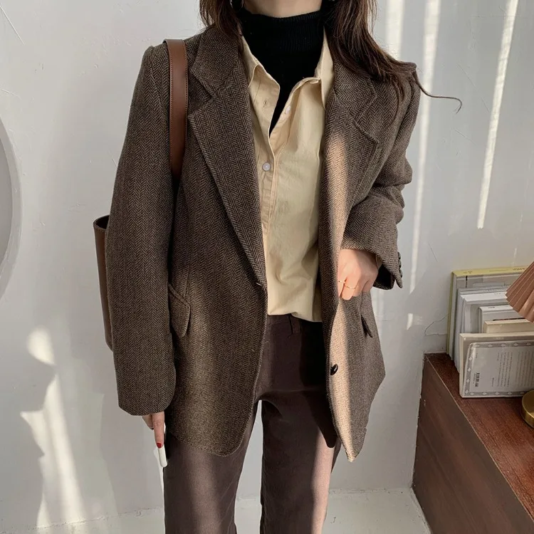 

OL Notched Vintage Solid Tweed Blazer Jacket 2021 New Autumn Winter High Quality Formal Women Blazers Suit Coat Female