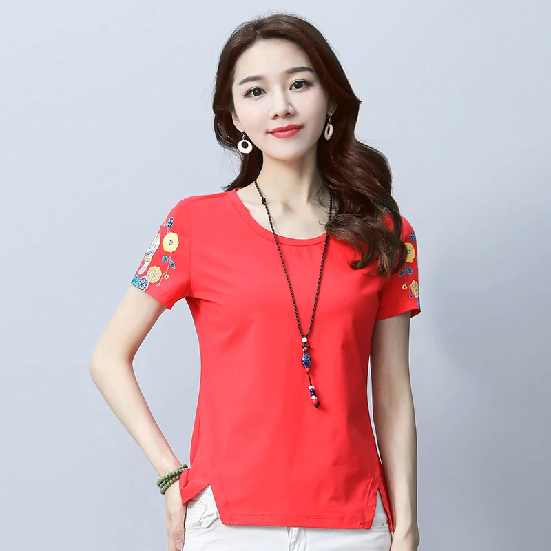 

Geometric Print Women O-Neck Cotton Navy Ladies High Quality Short Sleeve Red Tee-Shirts Feminine Summer Autumn Bottoming