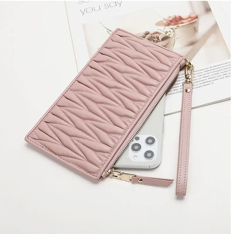 

San Maries Women Wallets Luxury Sheepskin High Quality Brand Ruffles Mobile Phone Slim Card Holders Wallet Handbag Clutches