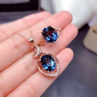 foydjew new luxury simulation sapphire jewelry sets for women london blue topaz stone pendant necklaces rings bridal wedding set