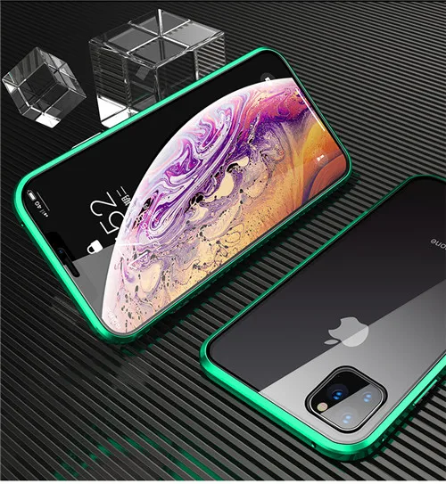 Зеленый 360 Полный Магнитный чехол для телефона iPhone 11 Pro 11 Pro MAX металлический бампер для iPhone XS XR XS MAX 8 7 6 6S Plus стеклянный чехол - Цвет: Зеленый