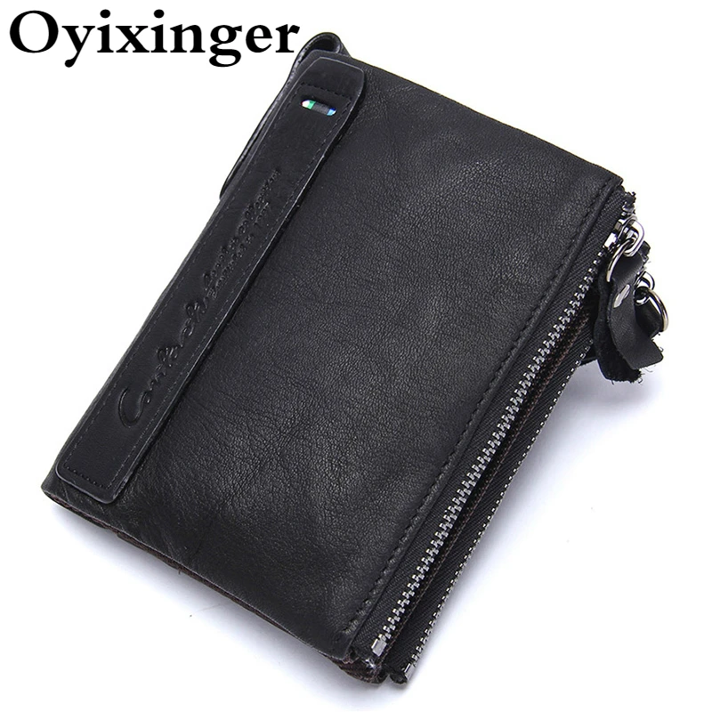 

OYIXINGER Vintage Men Wallet Multiple Card Holder Genuine Leather Crazy Horse Zipper Purse 2021 New Retro Short Wallets For Male