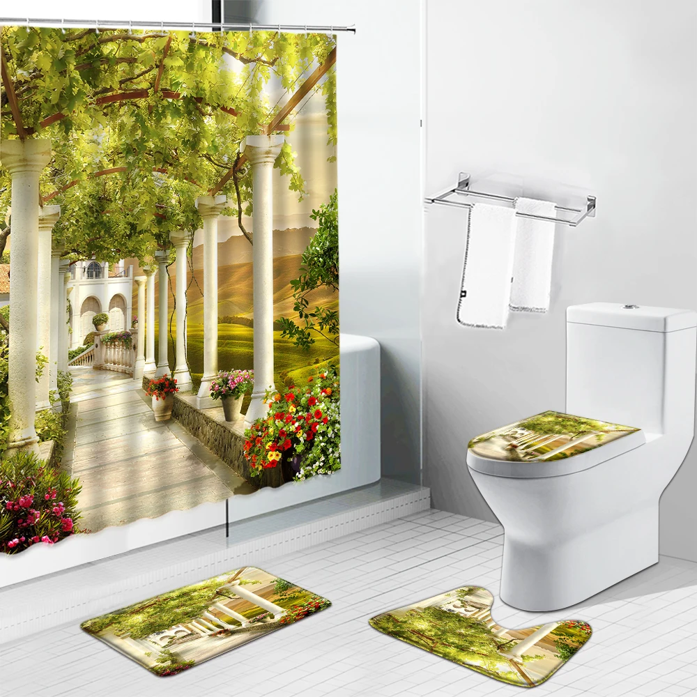 

Flower Plant Scenery Garden Background Wall European Style Shower Curtain Set Rural Landscape Bathroom Bath Mat Toilet Cover Rug