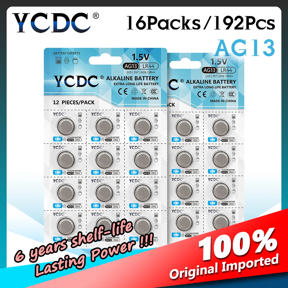 192 шт. YCDC AG13 LR44 357A S76E G13 кнопочные монетные элементы батареи 1 5 В щелочные большая