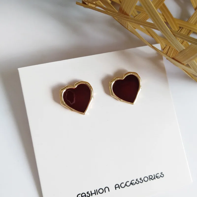 Женские винтажные серьги-клипсы винно-Красного цвета в форме сердца простое