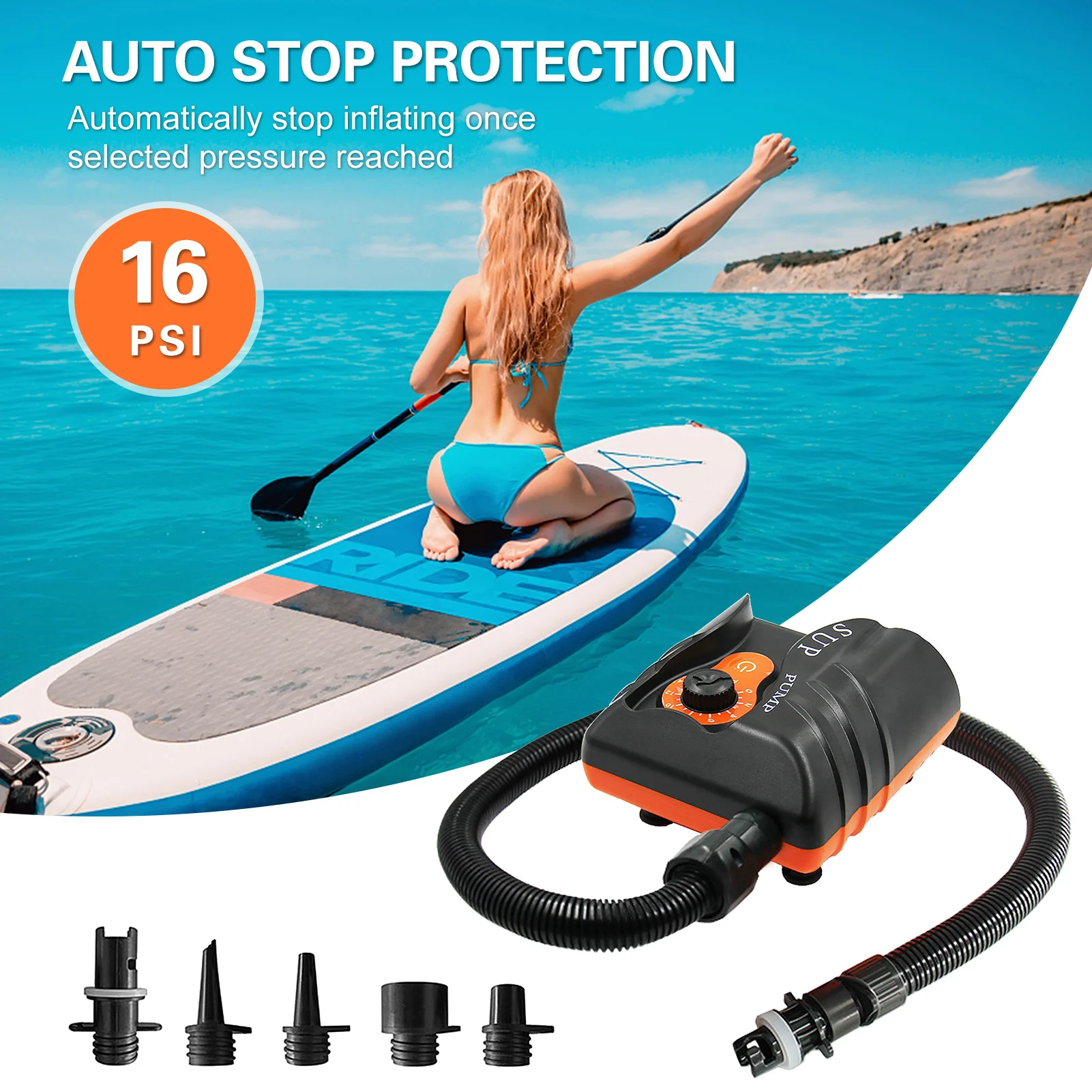 

16PSI Electric Inflation Air Pump with 6PCS Nozzles Inflation Pump or Rubber Boat Kayak Inflatable Boat