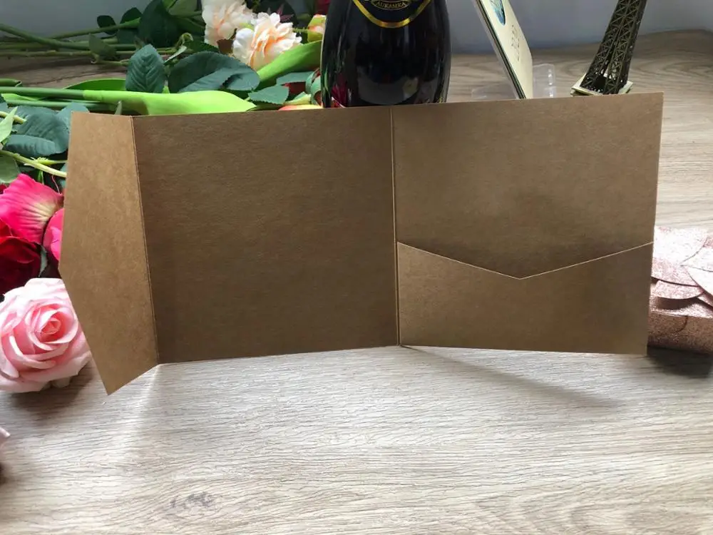 Free Shipping 50pcs Kraft Laser Cut tri-fold Pocket Wedding Invitation Cards Kit Envelope Invite RSVP Greeting | Дом и сад