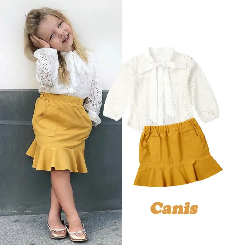 Модная одежда для маленьких девочек кружевной топ с бантом и галстуком-бабочкой +