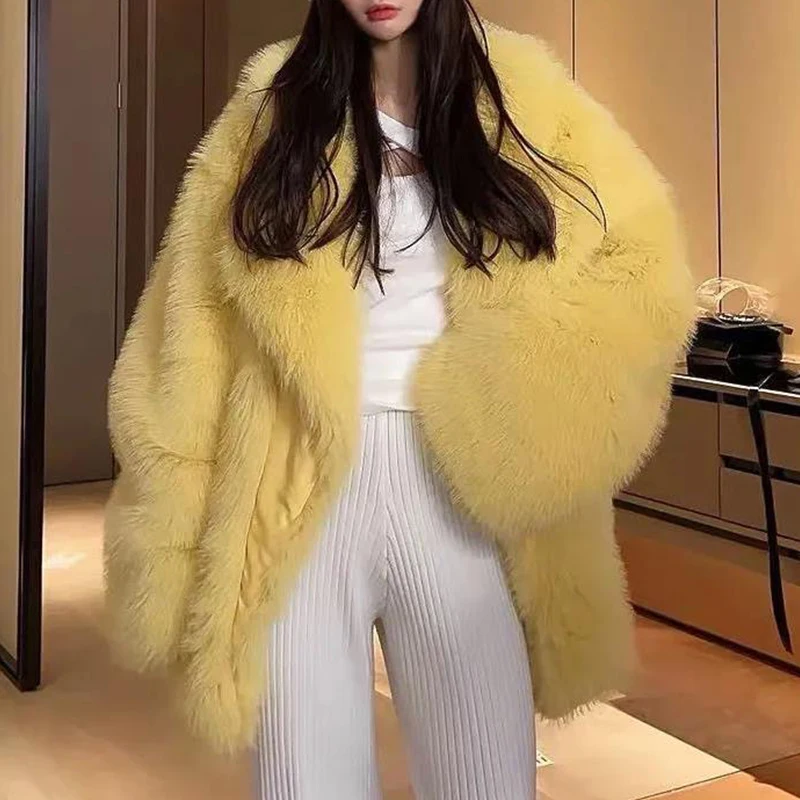 New Winter Women Faux Fox Fur Coat Female Turn Down Collar Thick Warm Long Sleeve Jacket Yellow Elegant Girl Oversized Outerwear