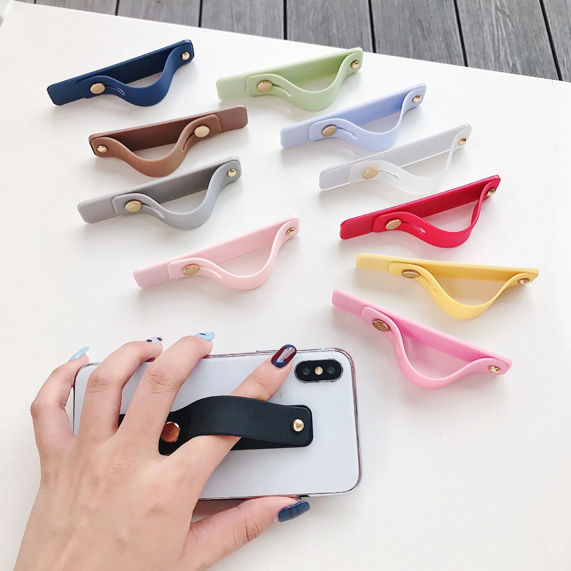 

Candy Color Wrist Band Hand Band Finger Grip Mobile Phone Holder Stand Push Pull Universal Phone Socket Holder For Iphone Grip
