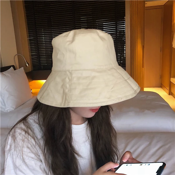

New Type 2021 Ladies Versatile Classic Pure Color Literary Fisherman Hat Japanese Leisure Sunshade Basin Hat with Large Brim