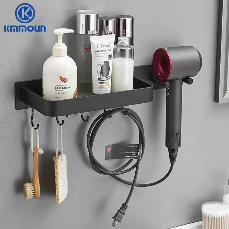 

Черная полка для фена для ванной комнаты, туалета, стеллаж для хранения, алюминиевая настенная кухонная стойка, крючок для полотенец, многофункциональная стойка