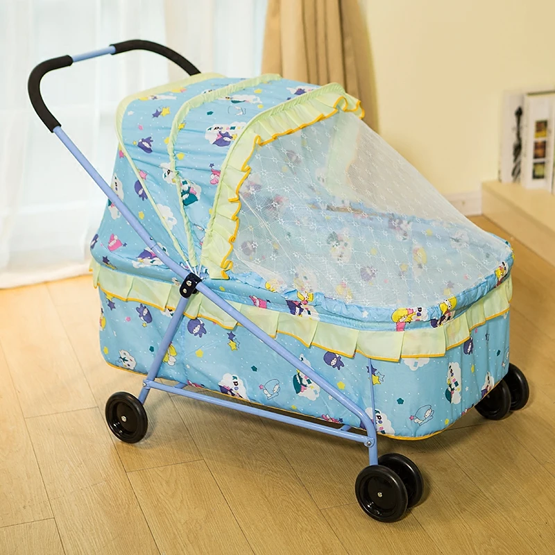 Baby Crib with Roller Hand Push Trolley Cot Baby Bassinet Multi-function Portable Crib Game Bed with Roll Wheel Mosquito Net