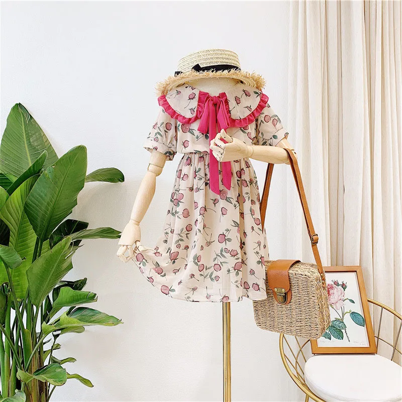 

Girls Princess Floral Dresses 2022 New Summer Flowers Print Party Costumes Children Short Sleeve Bowtie Vestidos Casual Clothes