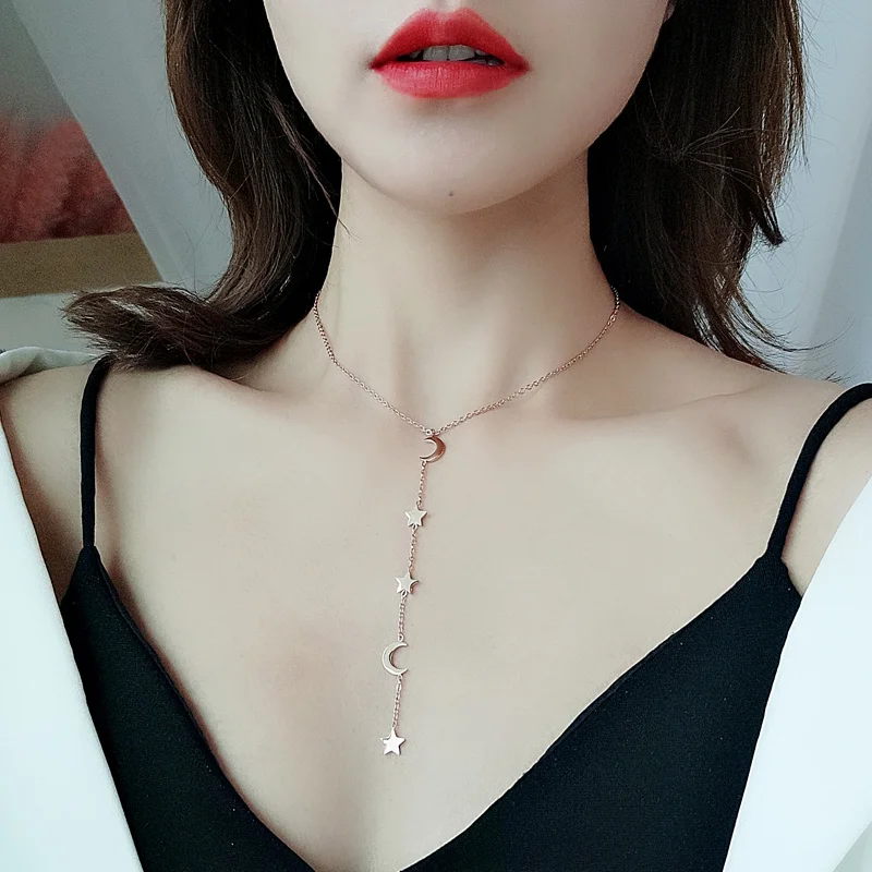 YUN RUO подвеска Звезда и луна ожерелье с кисточкой цвета розового золота модные