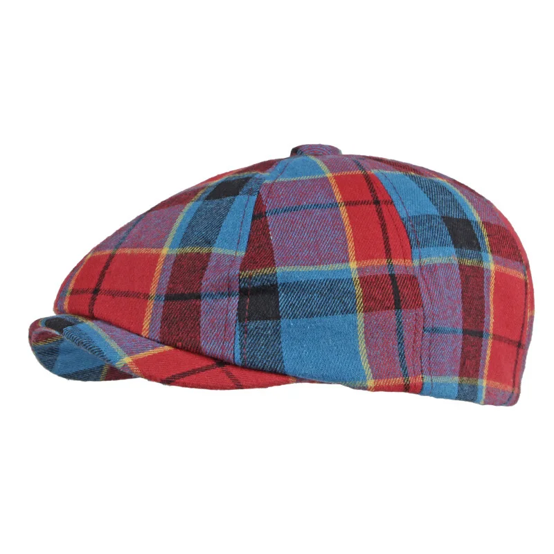 

NEW Casual Retro Octagonal Hats For Women Blue Orange Plaid Eight-blade Painters Newsboy Cap For Men Cotton Herringbone Flat Cap