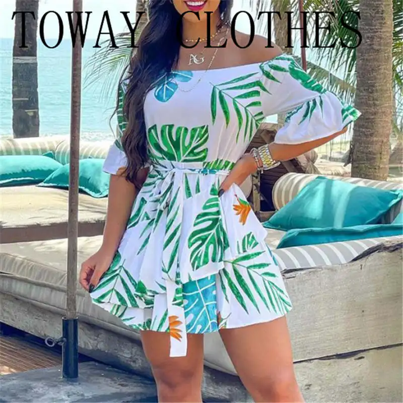 Женское летнее платье с открытыми плечами Y2K, Повседневное платье с тропическим принтом пальмовых листьев длиной три четверти