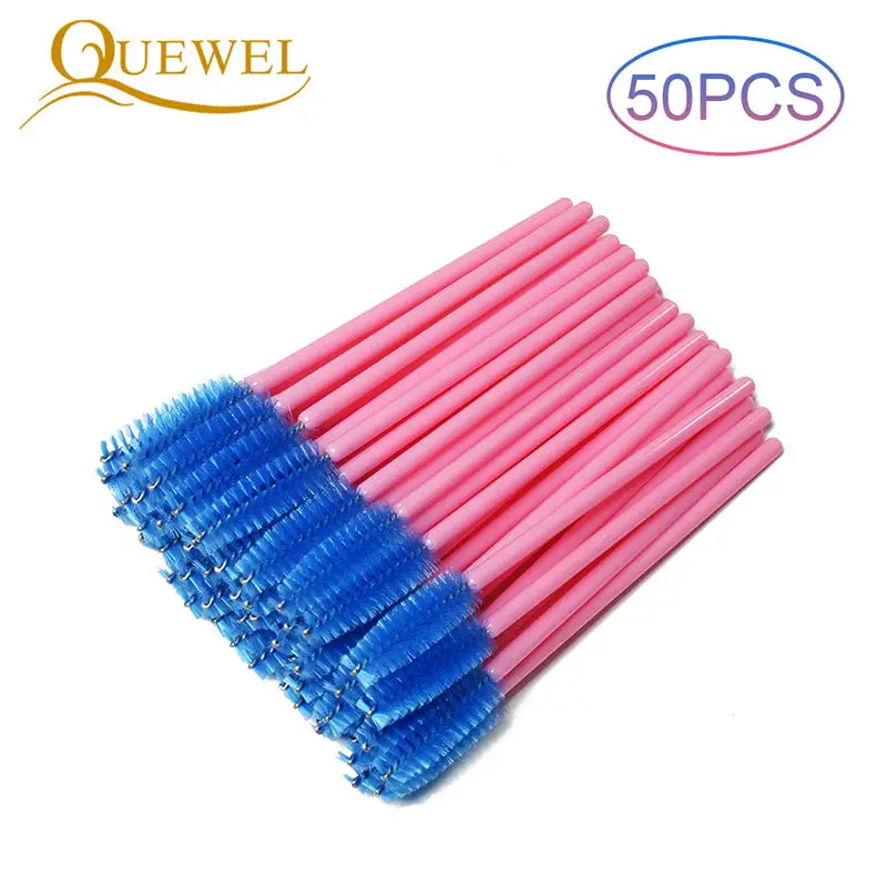 50PCS blue2-pink Quewel наращивание ресниц одноразовые щеточки с тушью для ресниц палочка аппликатор ресницы Косметическая щетка для основы кисти для макияжа инструменты - Handle Color: 50PCS blue2-pink