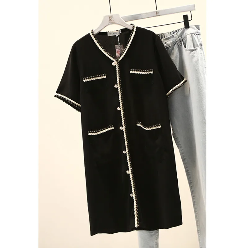 

2021 Summer Dress Women Large Size Short Sleeve T-Shirt Medium Elegant Casual Black V-neck Dress Fashion Sundress Big Sizes