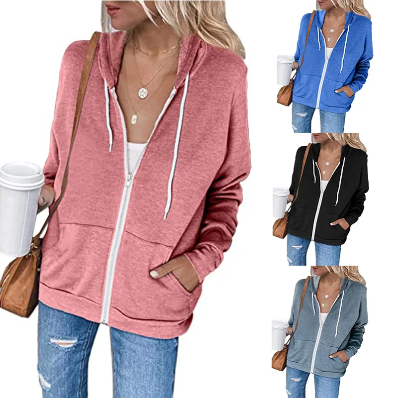

Women's 2021 new long-sleeved hooded sweater women's drawstring pocket zipper cardigan jacket