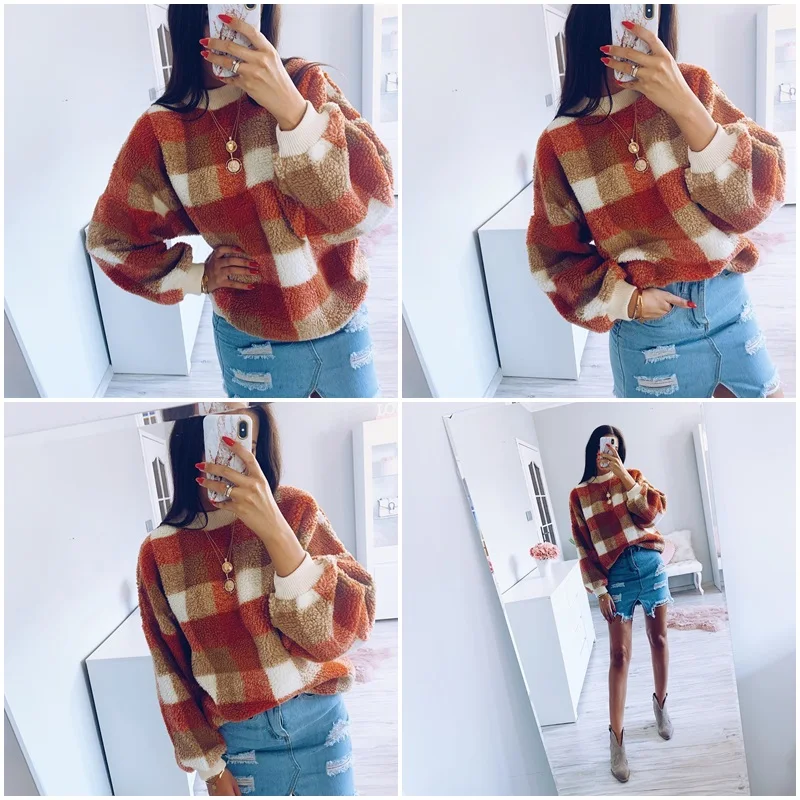 Simplee Casual lambswool plaid women hoodies sweatshirts O neck pullover loose female sweatshirt Autumn winter ladies warm coat