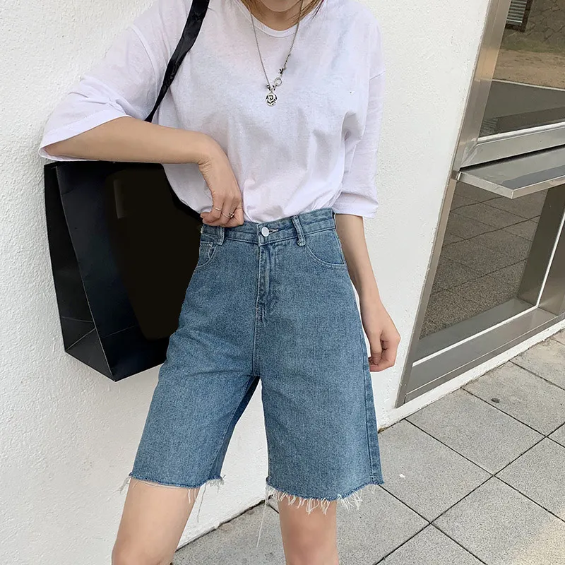 

High Waist Slim Denim Shorts Bermuda Plus Size Woman New Fashion Tassel Tight Five-point Denim Shorts Washed Sexy Female Summer