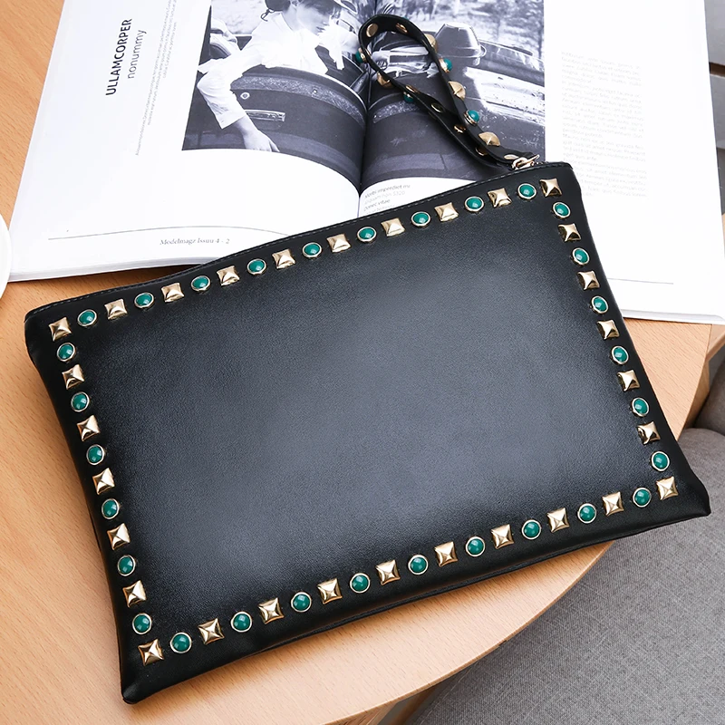

Fashion Ladies Handbag Large Clutch Women Hand Bag Rivets Female Envelop Clutch with Wristband Pouch NO STRAP Black Red Sac Bols