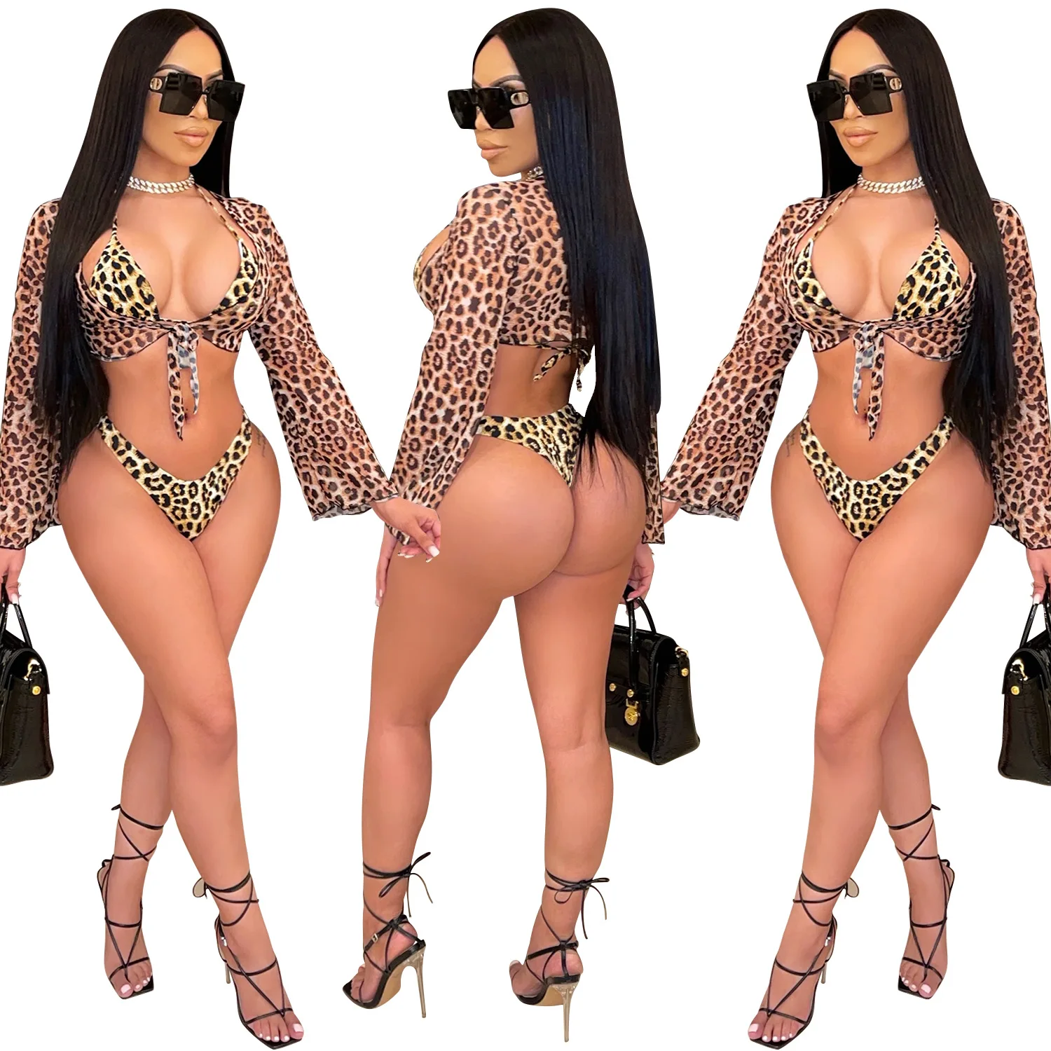 

Women Bikini Set Sexy Mesh Leopard Sling Three Piece Set Europe and America Bikinis 2021 Mujer Swimwear Woman Biquini Donsignet