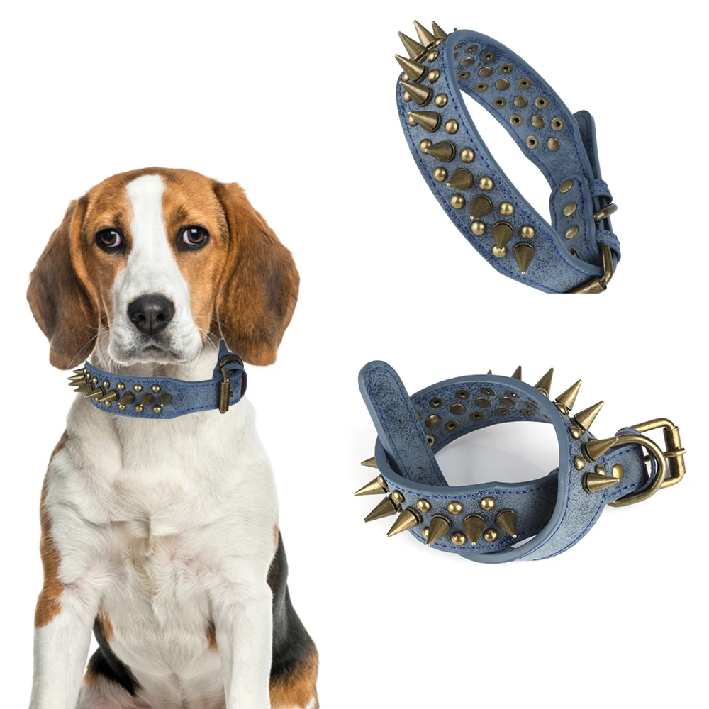 Широкий кожаный ошейник для собак с заклепками и шипами прочный регулируемый