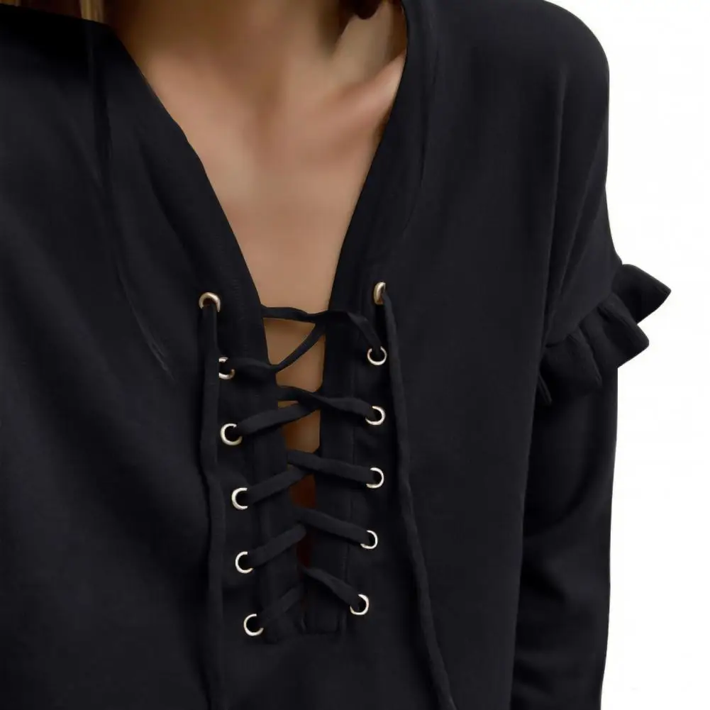 

Blouse Long Sleeve Top Laces Up Women Ruffle Bandage Knitwear Pullover for Spring Daily Shirt Korean Style