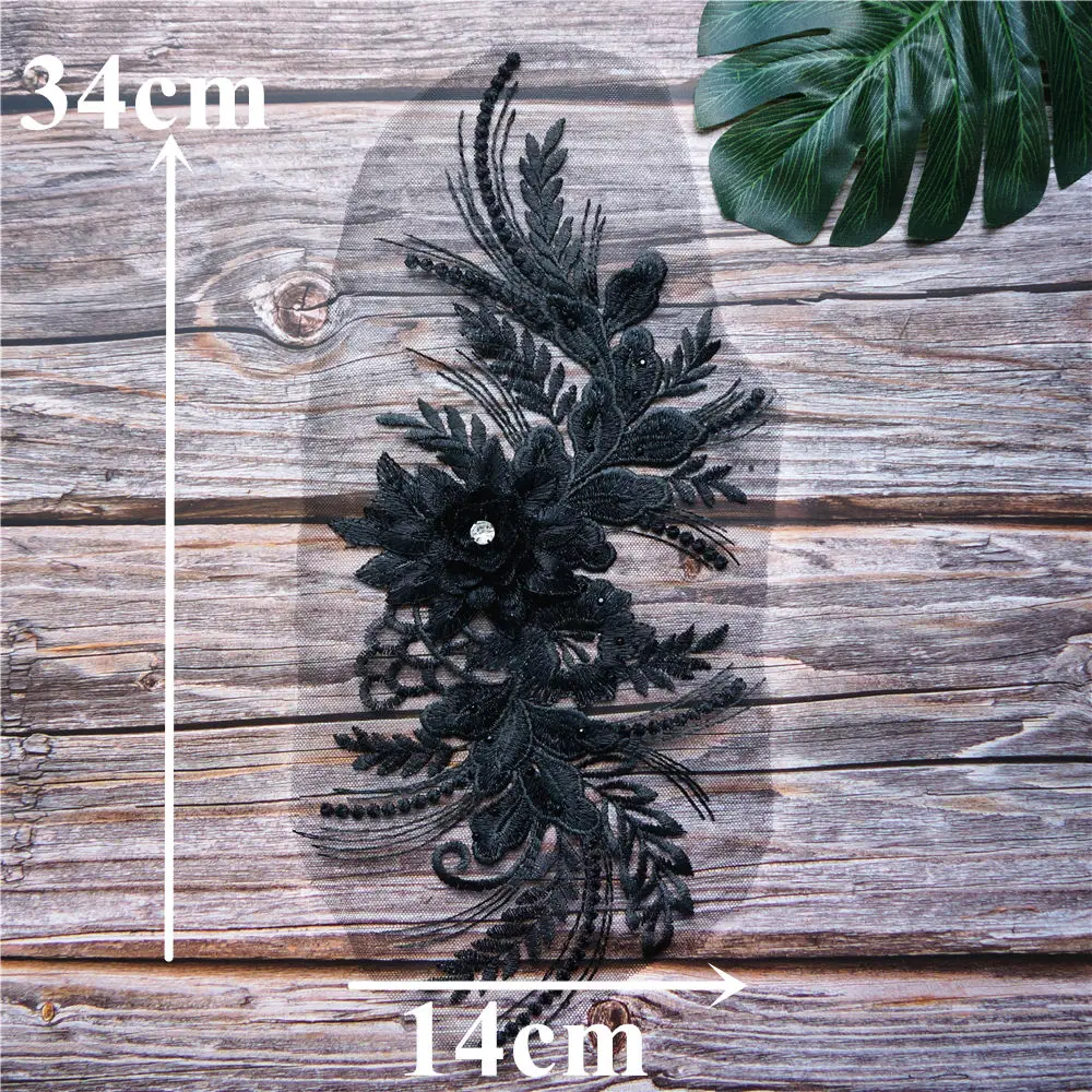 Черная вышитая кружевная ткань 3D цветок кисточки стразы аппликации отделка для