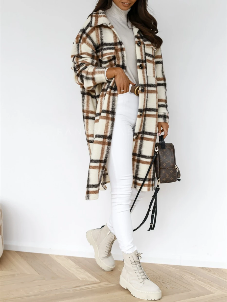 

Женская шерстяная куртка в клетку, с отложным воротником