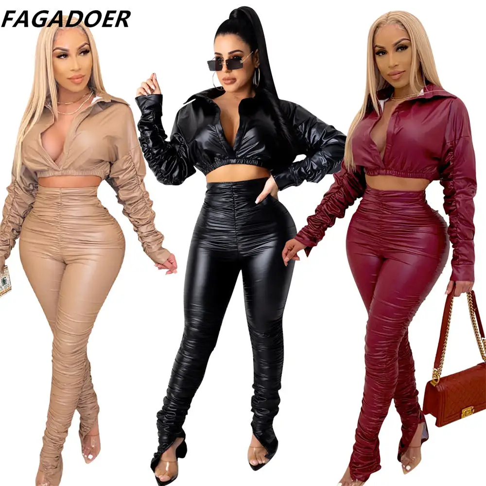 

FAGADOER Solid Sexy PU Lether Two Piece Fashion Deep V Ruched Crop Top + Stacked Pants Matching Sets Women Party Club Outfits