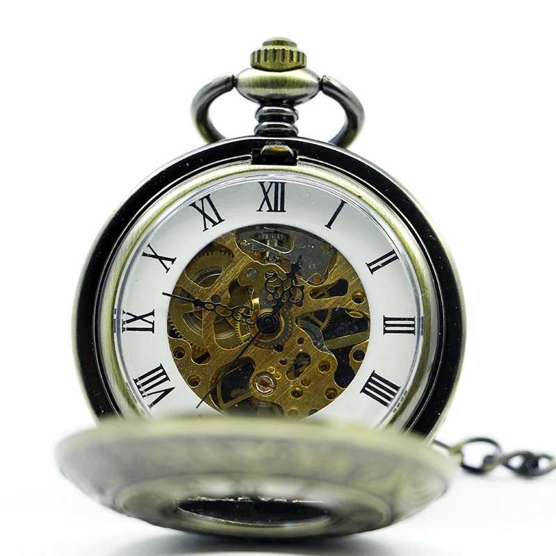 Exquisite Carved Pattern Double Opening Mechanical Pocket Watch Retro Steampunk Manual Winding Men's Clock Gift with Chain