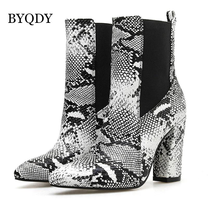 BYQDY Chunky Heel Women Ankle Boots Sexy Pointed Toe Shoes Woman Party High Runway Chelsea Boot Animal Print Large Size 42 | Обувь