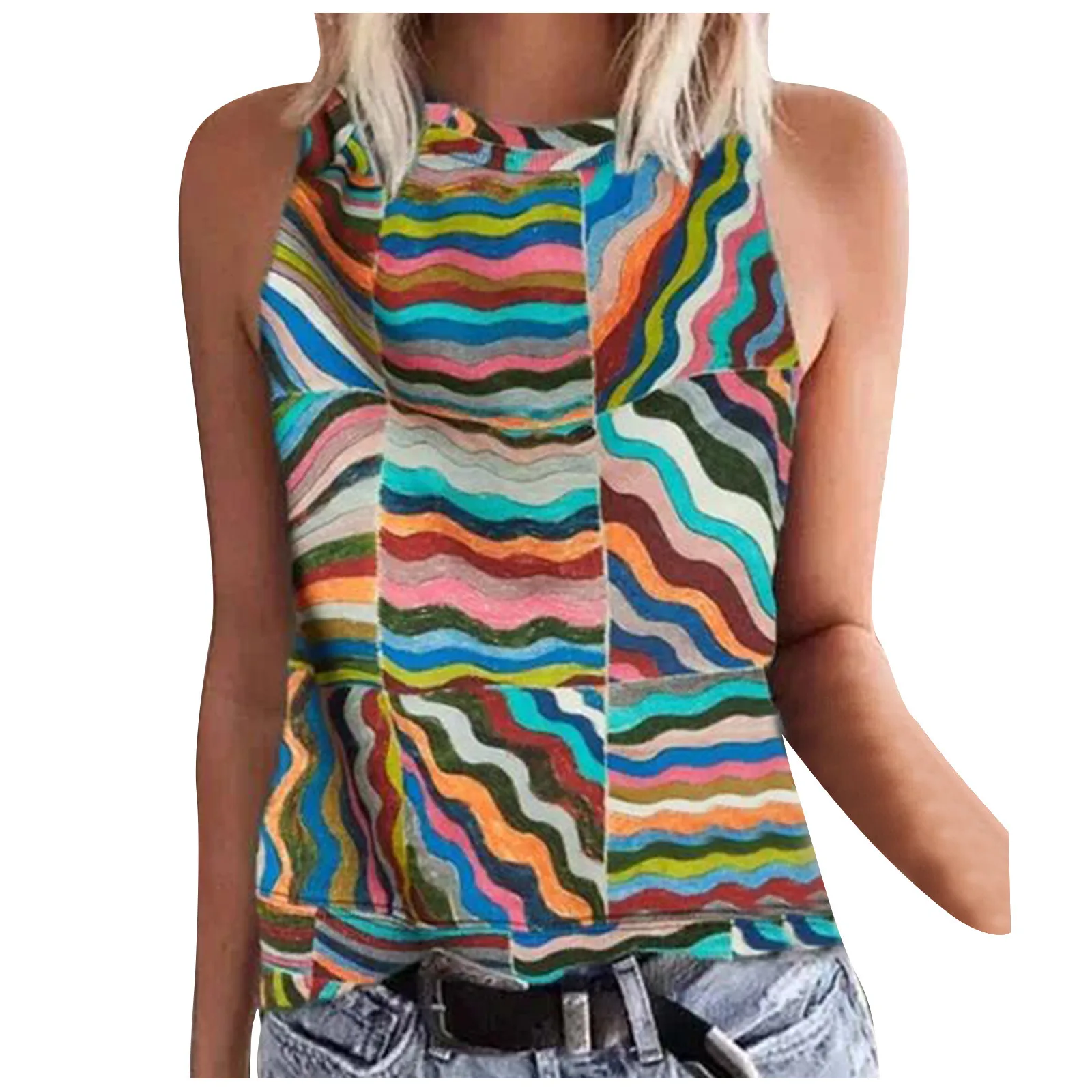 

Майка женская с градиентной полосой, повседневный топ с круглым вырезом, уличная стильная свободная длинная футболка без рукавов, жилет, то...